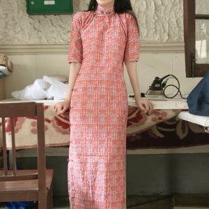 Pink traditional Qipao Cheongsam maxi dress